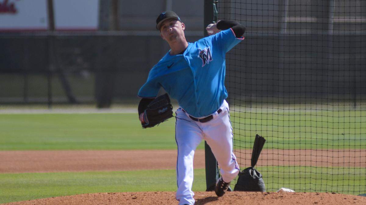 Miami Marlins left-handed pitcher Braxton Garrett throws a live batting practice session during a spring training workout on the back fields of the Roger Dean Chevrolet Stadium complex in Jupiter, Florida, on Monday, Feb. 20, 2023.