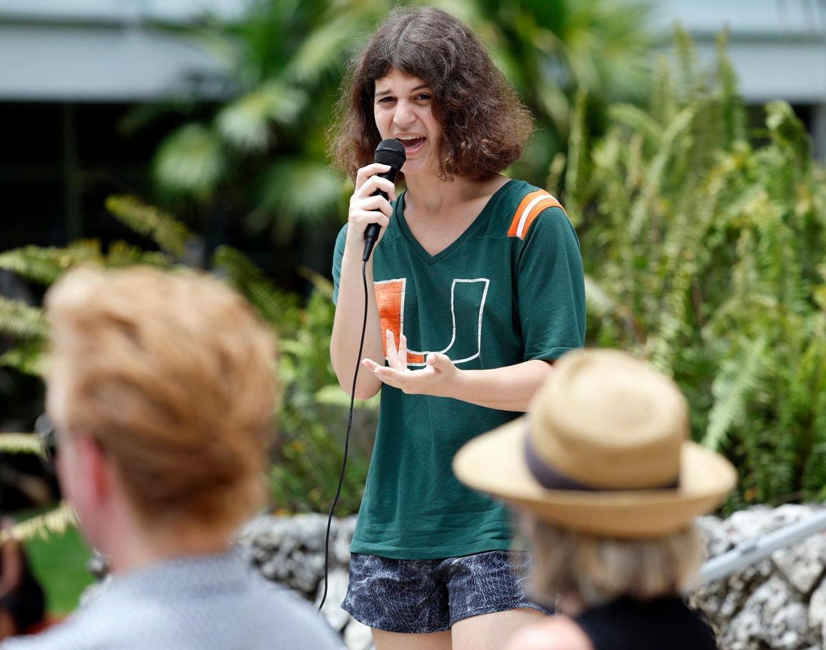 University of Miami student, Juniper Our, 20, asks questions of a UM faculty panel gathered for a teach-in to raise awareness about two lHouse Bill 999 and Senate Bill 266, two bills before the Florida Legislature that would impact the state’s 12 public universities and colleges.