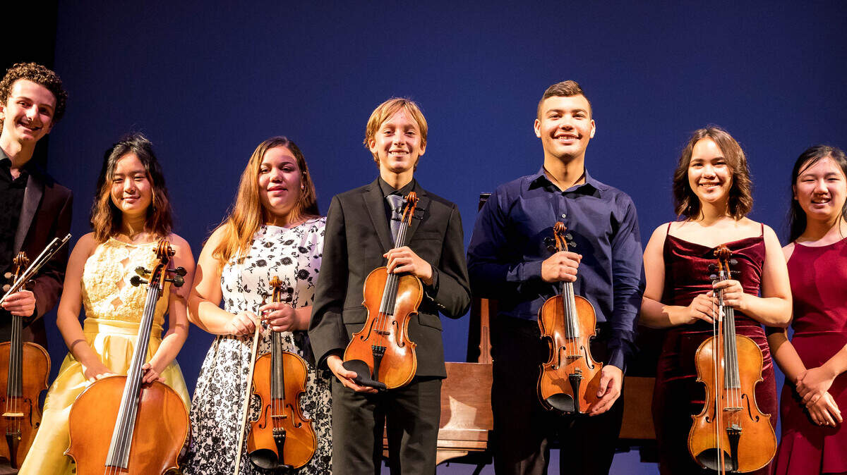 These talented young musicians won scholarships and played at the fourth annual Music Scholarship Showcase presented by Homestead Community Concerts: From left: Jack Kessler, Esther Chae, Daniela Montero, Ian Barnett, Hector Padilla, Laura Liu, and Lindsey Yang.