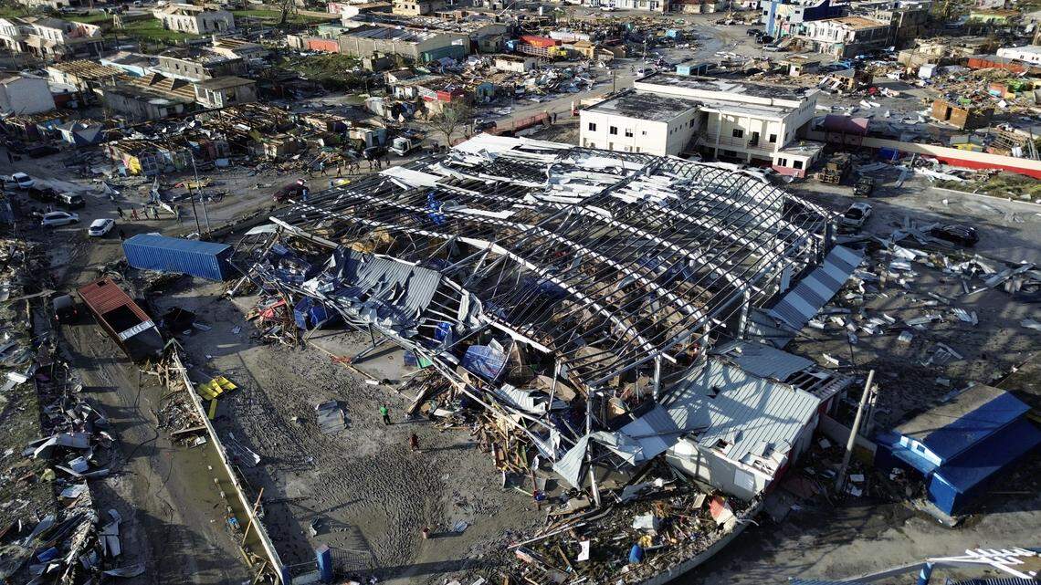 An aerial view seen October 29, 2025 shows the destroyed Black River Market and surrounding buildings following the passage the previous day of Hurricane Melissa in Black River, St. Elizabeth, Jamaica.     