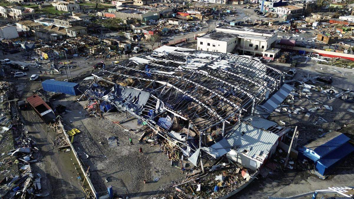 An aerial view shows the destroyed Black River Market and surrounding buildings following the passage of Hurricane Melissa in Black River, St. Elizabeth, Jamaica. 