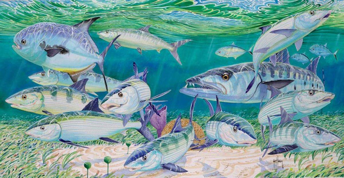 The 21” x 40.5” Skinny Waters by Guy Harvey is included in the new marine expeditions art exhibit at the Miami International Fine Arts Gallery. A portion of the proceeds from sales of artwork will benefit ocean conservation.