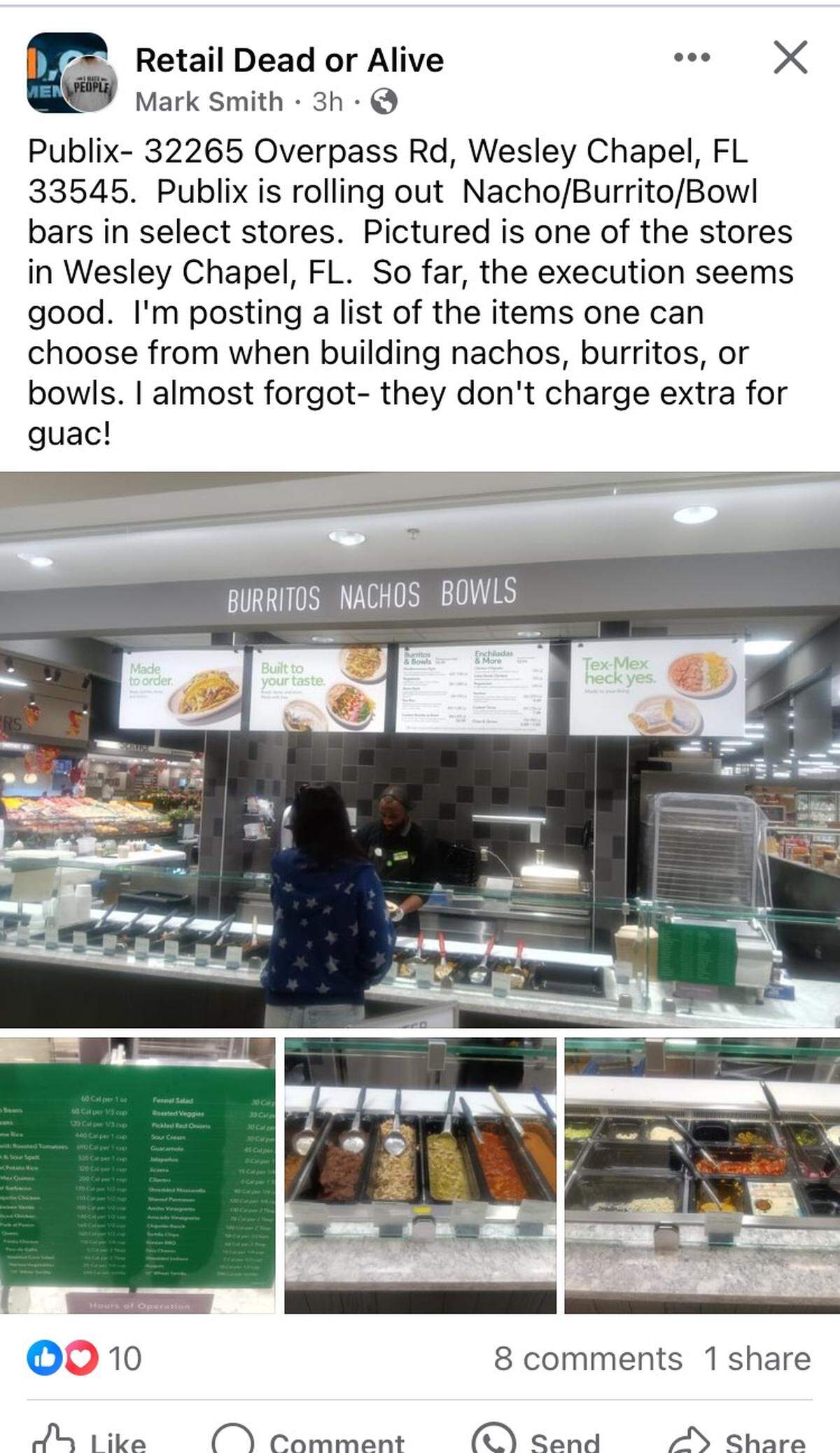 Screen shot of the public Facebook group, Retail Dead or Alive. The Feb. 13, 2024, post examines Publix’s new burrito/nacho bars at select stores.