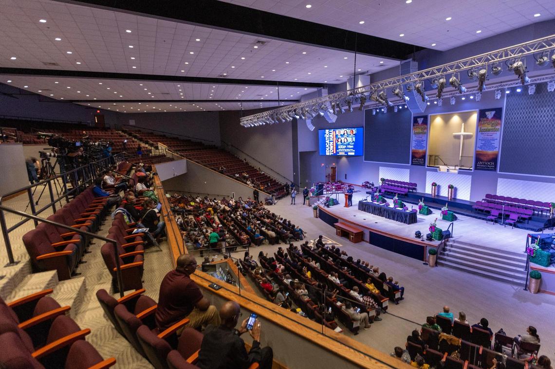 People gather at Antioch Missionary Baptist Church during an education town hall regarding the state’s newly adopted curriculum standards for teaching Black history in Florida’s public schools, Miami Gardens, Florida, on Thursday, Aug. 10, 2023.