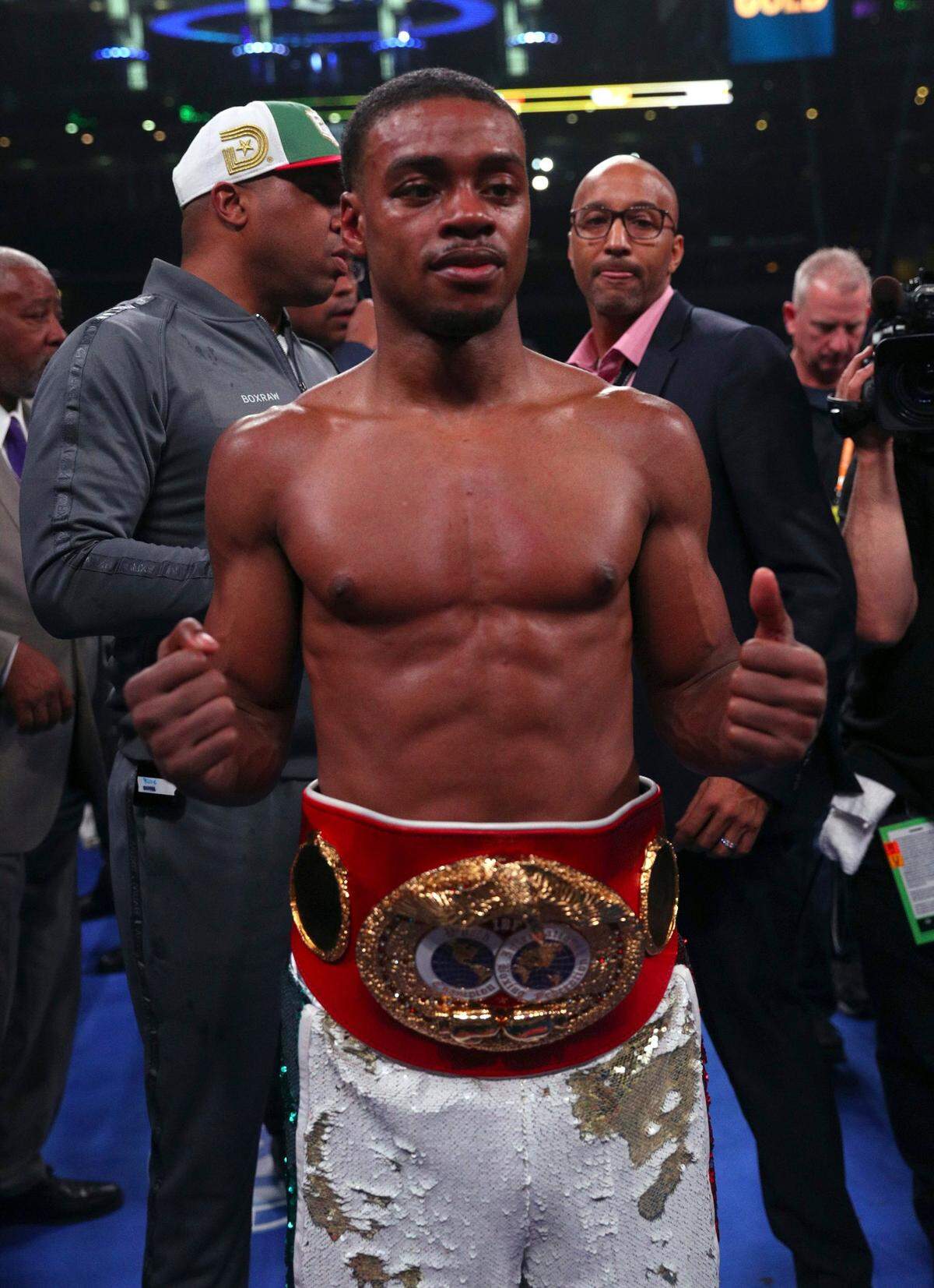 Errol Spence Jr. poses for a photo after defeating Mikey Garcia in an IBF World Welterweight Championship boxing bout Saturday, March 16, 2019, in Arlington, Texas.