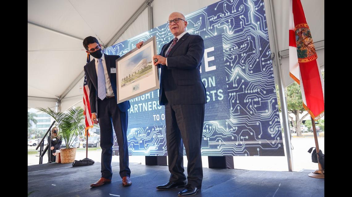 Raul Moas, Knight Foundation’s program director, looks towards the artist rendering of the new Knight Foundation School of Computing and Information Sciences building presented by FIU president, Mark B. Rosenberg. FIU received $10M donation by John S. and James L. Knight Foundation to launch the initiative to support Miami’s tech boom and name FIU’s School of Computing and Information Sciences, the Knight Foundation School of Computing and Information Sciences at the FIU Tamiami campus on Wednesday, February 24, 2021.