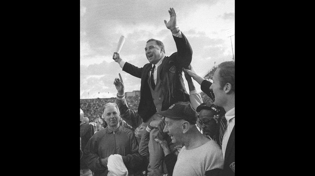 The Kansas City Chiefs carry head coach Hank Stram off the field after winning Super Bowl IV, 23-7, against the Minnesota Vikings.