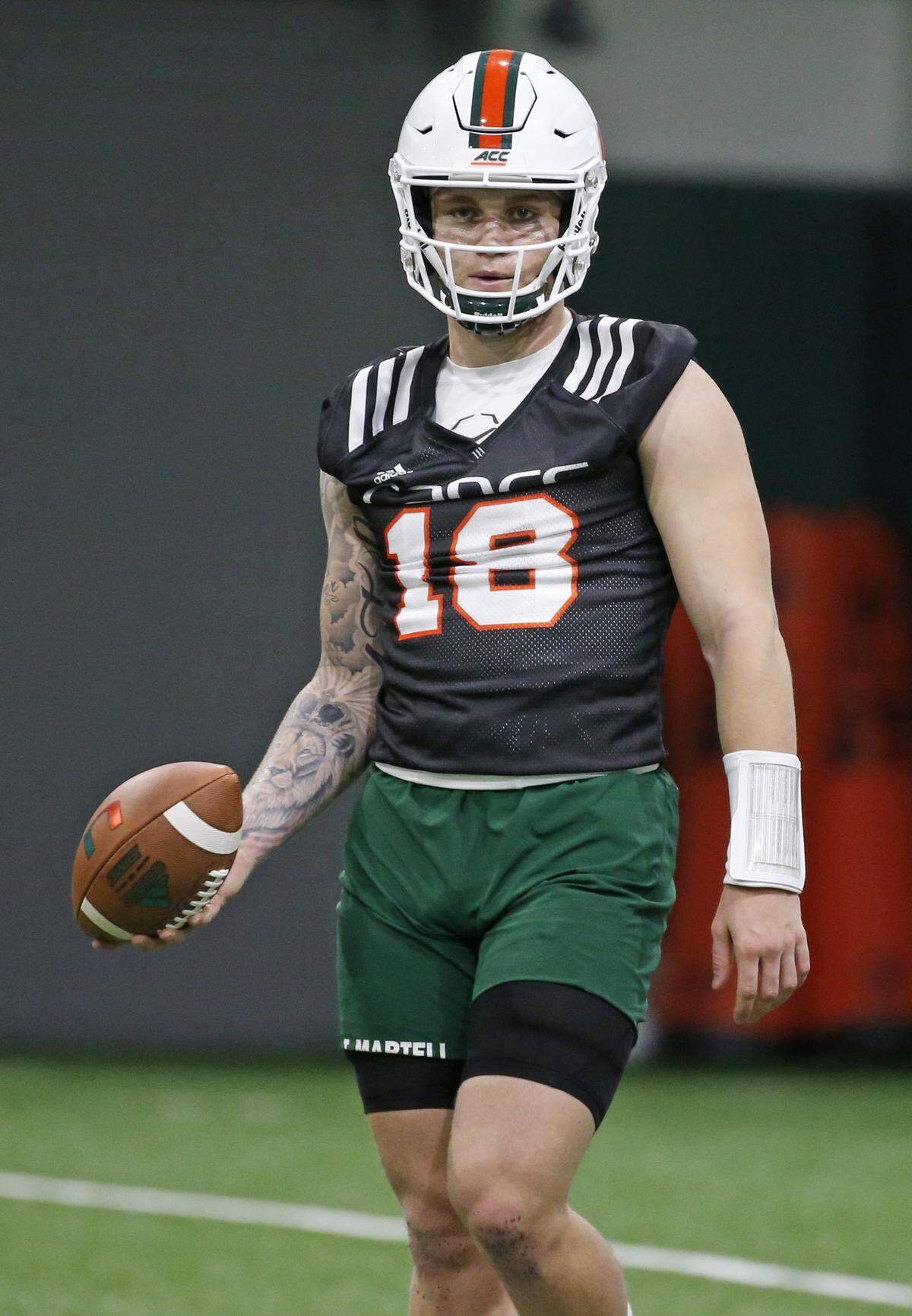 Miami Hurricanes quarterback Tate Martell (18) at practice as the Miami Hurricanes open 2019 spring football practice at the Carol Soffer Indoor Practice Facility on Tuesday, March 19, 2019.