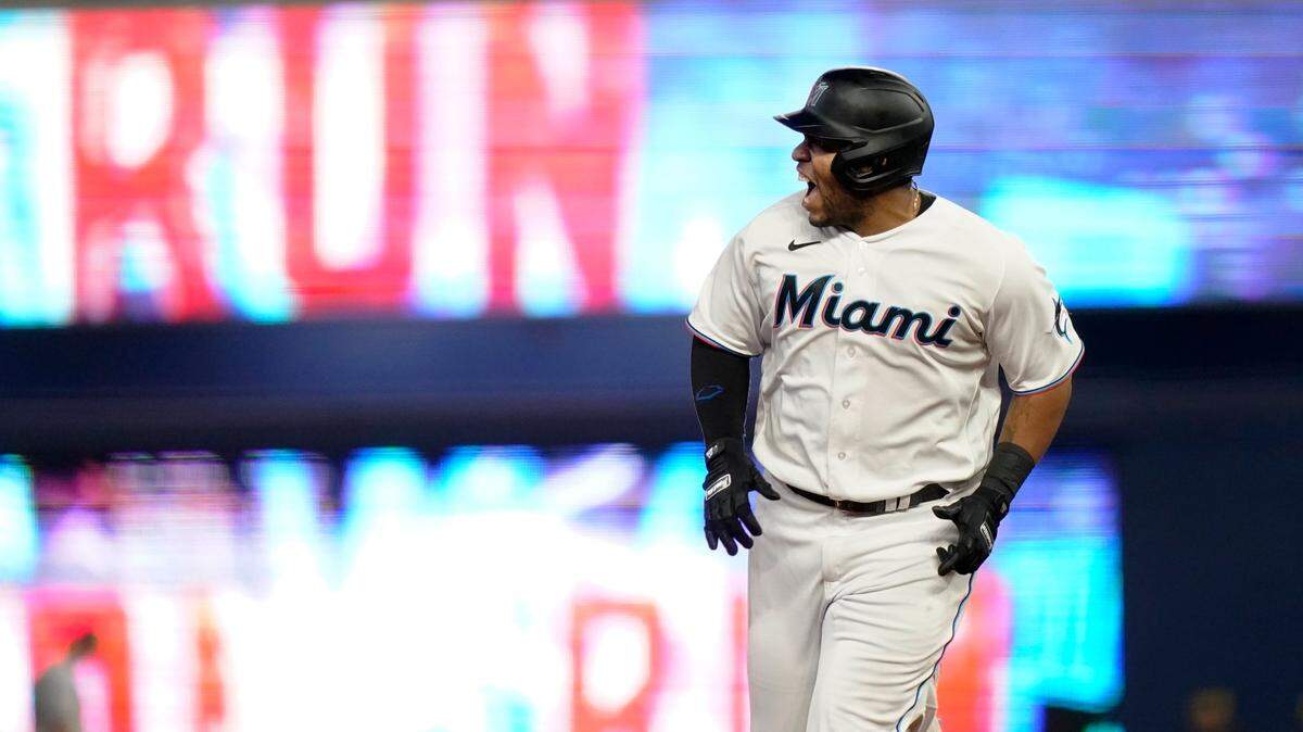 Miami Marlins’ Jesus Aguilar runs the bases after hitting a solo home run against the Milwaukee Brewers during the fourth inning of a baseball game Saturday, May 14, 2022, in Miami. (AP Photo/Lynne Sladky)