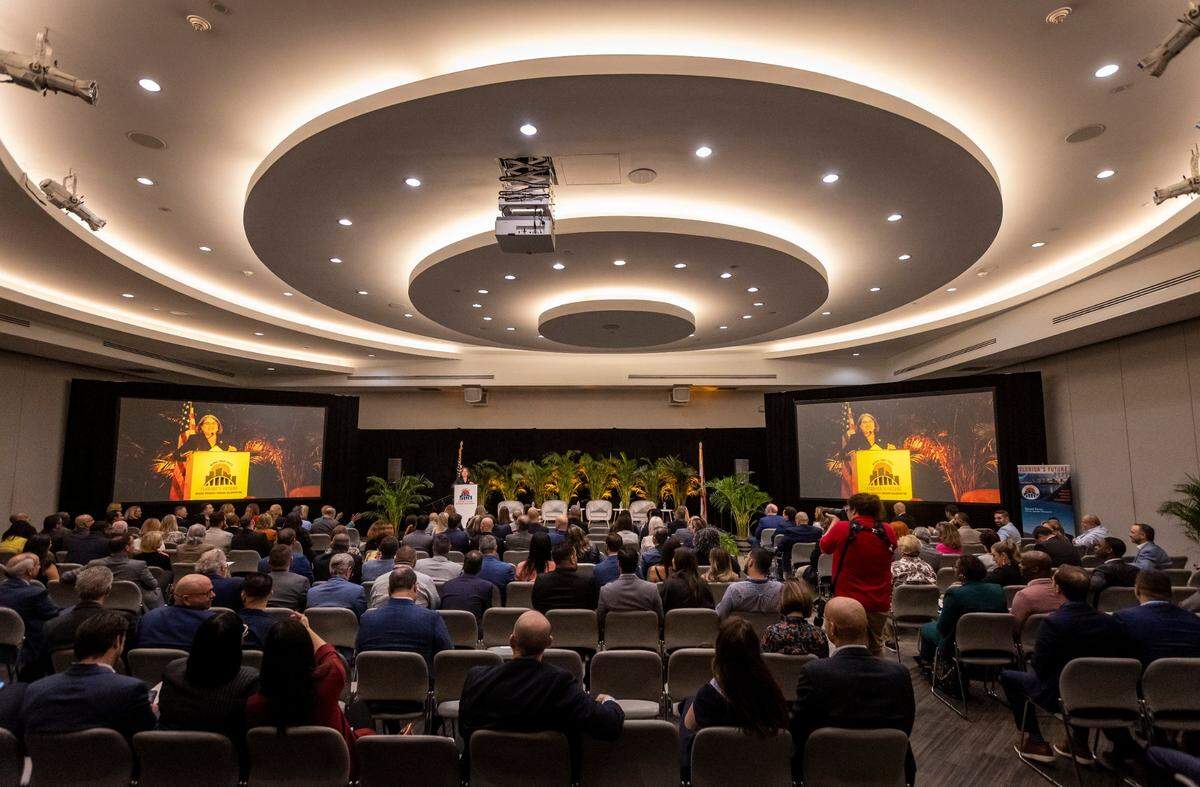 Miami-Dade County Mayor Daniella Levine Cava speaks during state Rep. Daniel Perez’s Florida’s Future Conference at the University of Miami Shalala Student Center. Perez is Florida’s incoming House Speaker.