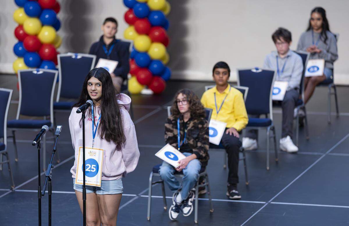 Ava Thompson, an eighth grader from Sunrise Middle School, competes in the 86th Miami Herald Spelling Bee for Broward County at the Charles F. Dodge City Center on Wednesday, Feb. 25, 2026, in Pembroke Pines, Fla.