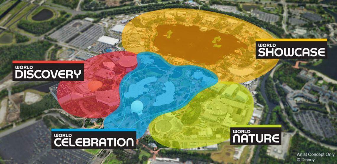 A rough map of Epcot, showing how Future World will be divided into three themed neighborhoods, was unveiled Sunday by the Walt Disney Co.