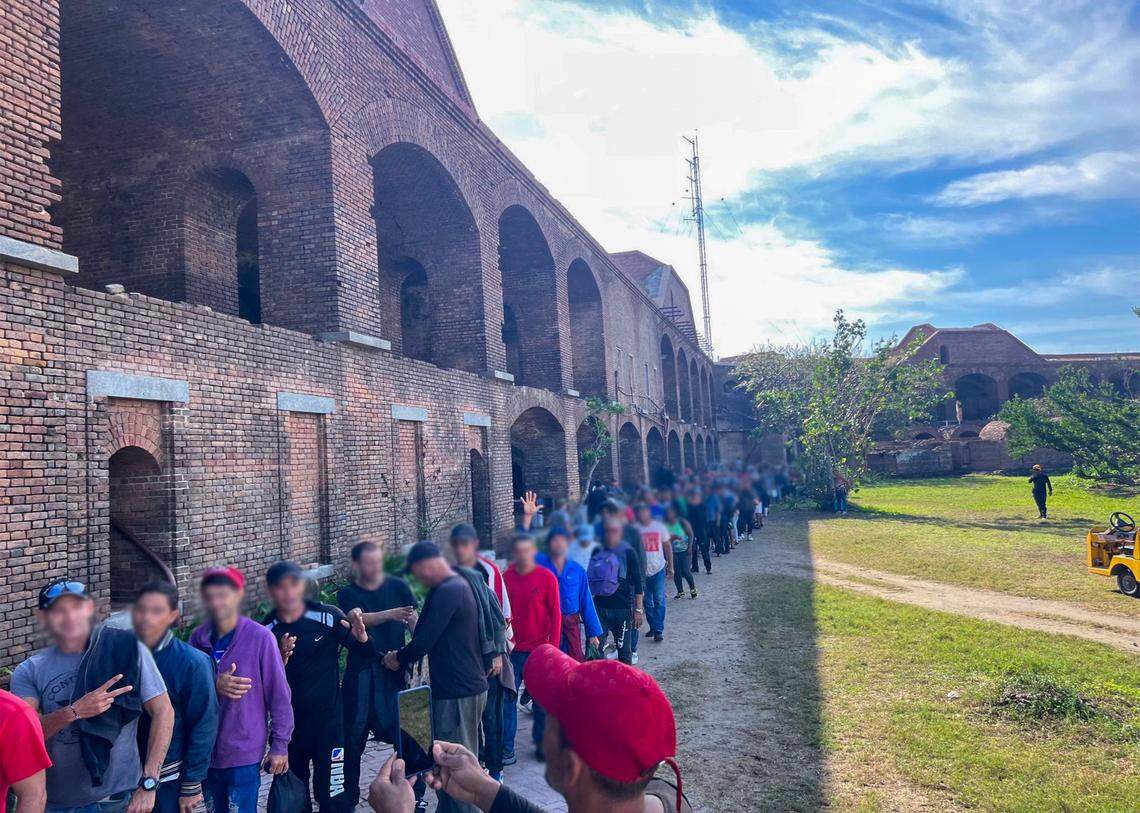Cuban migrants being held at Dry Tortugas National Park on Wednesday, Jan. 4, 2023. The Coast Guard shipped 337 Cuban migrants from the national park to Key West on Thursday, Jan. 5, 2023, for processing.