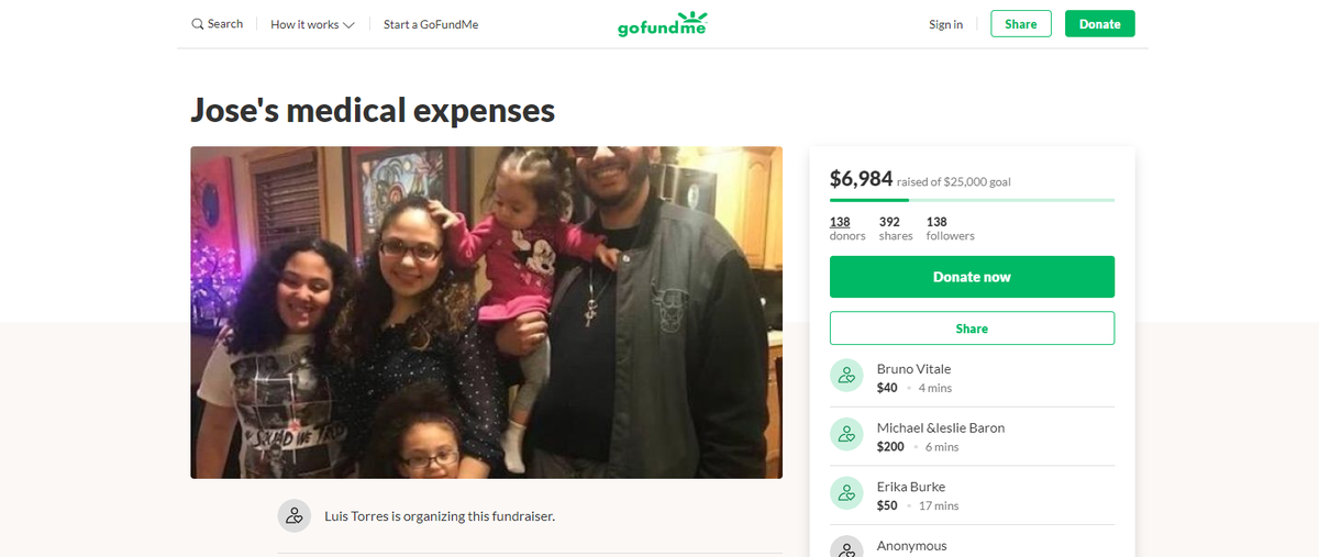 Created two days ago to help cover Jose Cruz’s medical expenses, the GoFundMe page has raised more than $10,000, as of Wednesday afternoon.