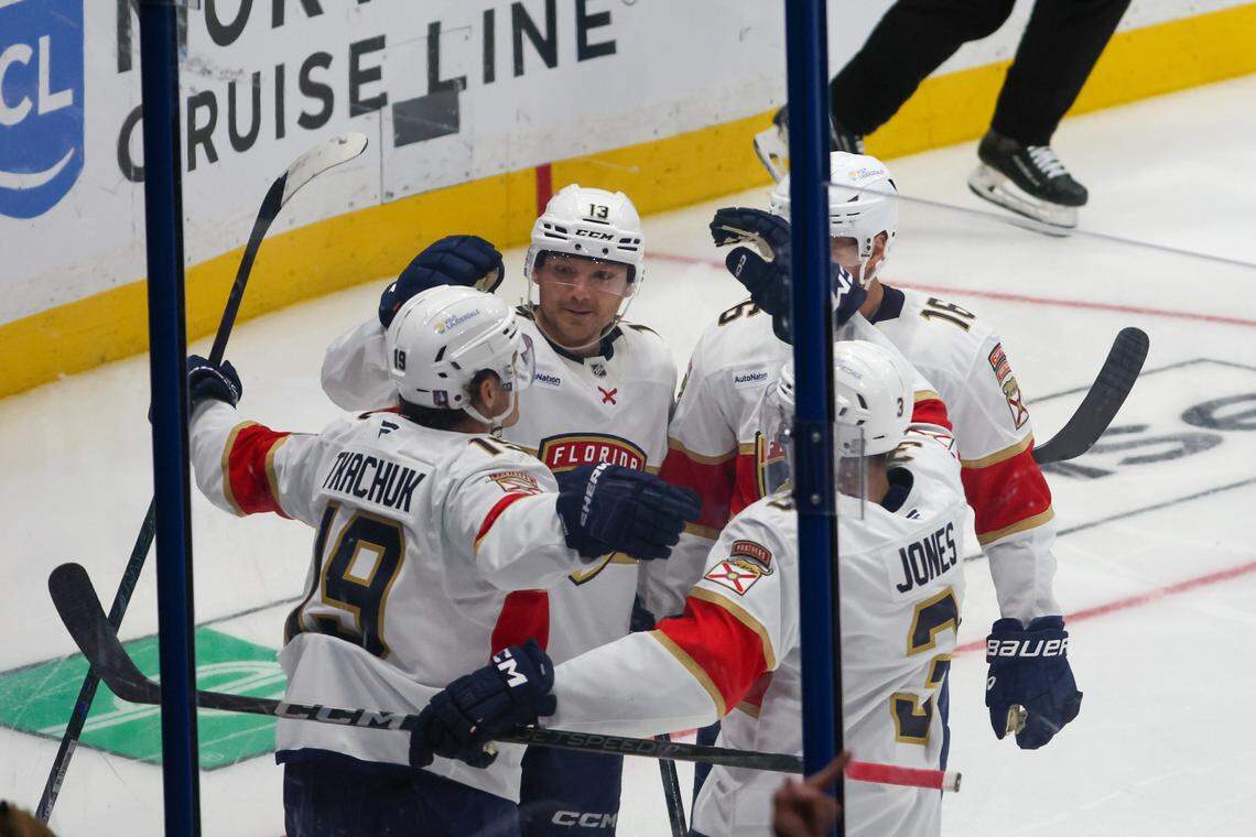 Florida Panthers left wing Matthew Tkachuk (19) celebrates after scoring a goal on Tampa Bay Lightning goaltender Andrei Vasilevskiy (88) during the second period in game one of the first round of the Stanley Cup Playoffs on Tuesday, April 22, 2025 in Tampa.