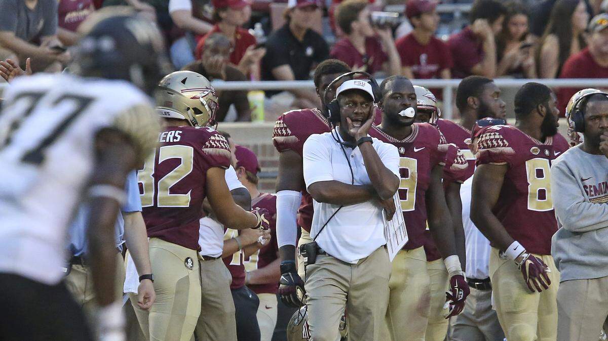 Florida State’s head coach Willie Taggart yells out instructions to his team during an NCAA college football game with Wake Forest, Saturday, Oct. 20, 2018 in Tallahassee, Fla. Florida State won 38-17.