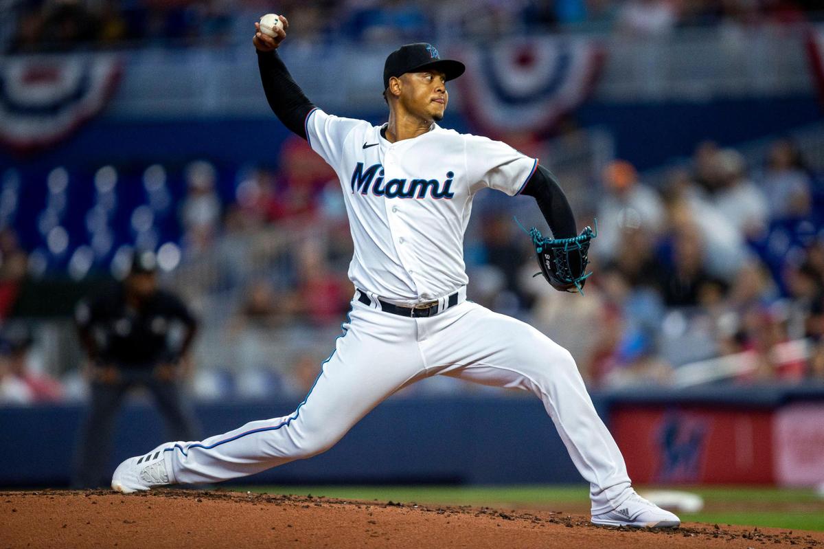 Miami Marlins pitcher Elieser Hernandez (57) pitches during the first inning of an MLB game against the Philadelphia Phillies at LoanDepot Park on Sunday, April 17, 2022 in Miami, Florida.