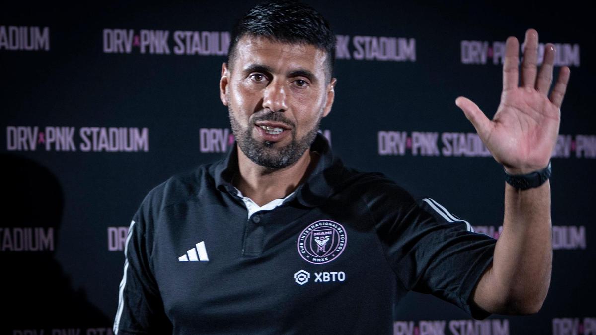 Inter Miami interim coach Javier Morales waves goodbye to the press at the end of a news conference at DRV PNK Stadium to announce his appointment as Phil Neville’s replacement for at least three games.