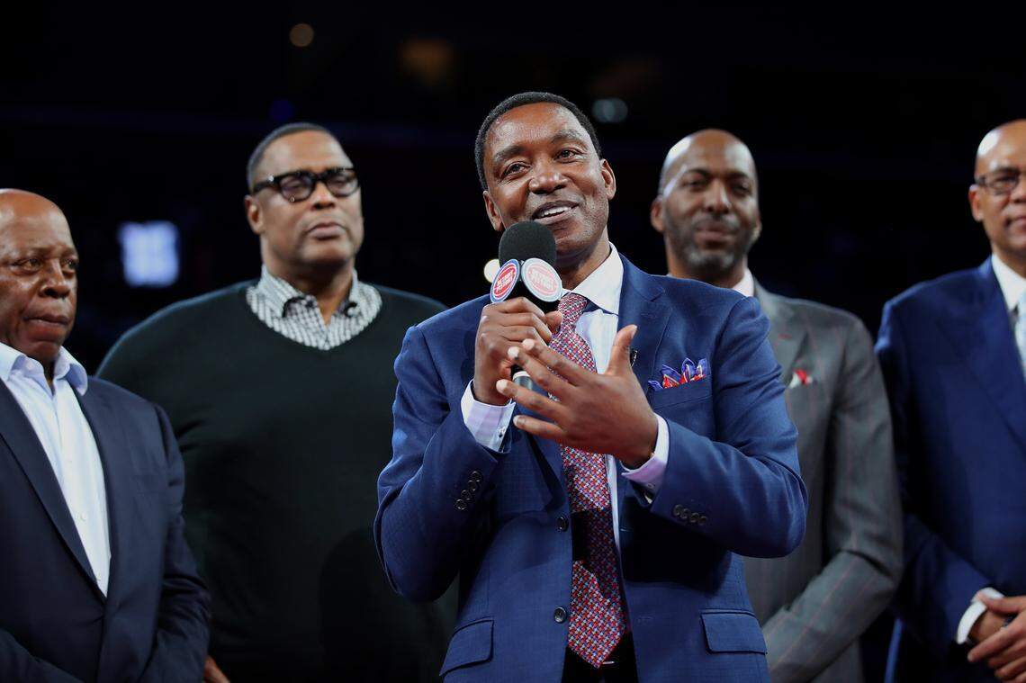 Former Detroit Piston Isiah Thomas talks to the crowd during a celebration of the 1989 and 1990 World Championship Detroit Pistons at halftime during a game between the Portland Trail Blazers and Detroit Pistons at Little Caesars Arena on March 30, 2019 in Detroit, Michigan.