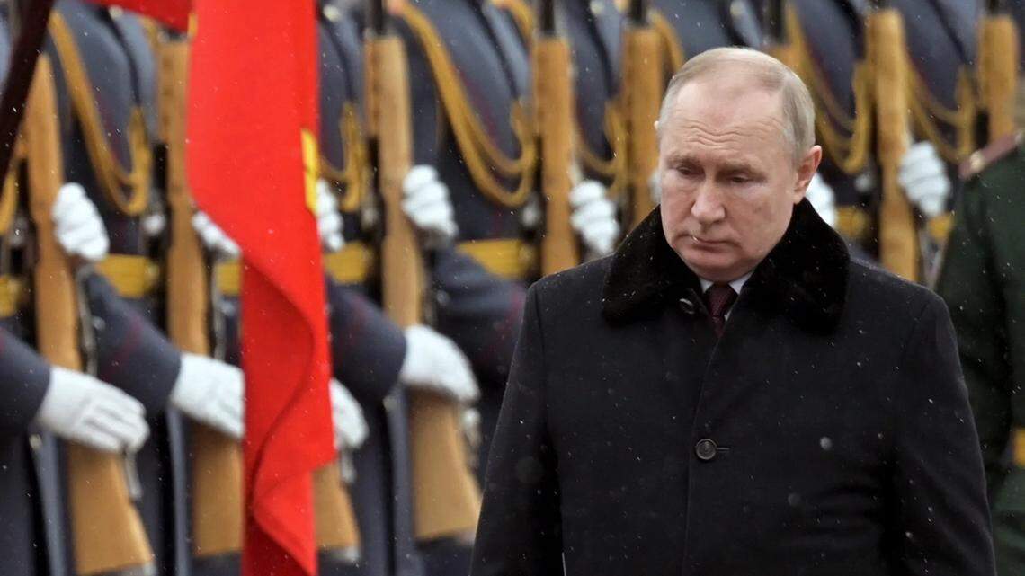 Russian President Vladimir Putin attends a wreath-laying ceremony at the Tomb of the Unknown Soldier on Feb. 23 during national celebrations of Defender of the Fatherland Day in Moscow.