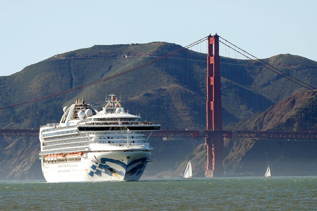 In this Feb. 11, 2020, photo, the Grand Princess cruise ship passes the Golden Gate Bridge as it arrives from Hawaii in San Francisco. California’s first coronavirus fatality is an elderly patient who apparently contracted the illness on a cruise, authorities said Wednesday, March 4, and a medical screener at Los Angeles International Airport is one of six new confirmed cases. The cruise ship is at sea but is expected to skip its next port and return to San Francisco by Thursday, according to a statement from Dr. Grant Tarling, the chief medical officer for Carnival Corp., which operates the Grand Princess. Any current passengers who were also on the February trip will be screened.