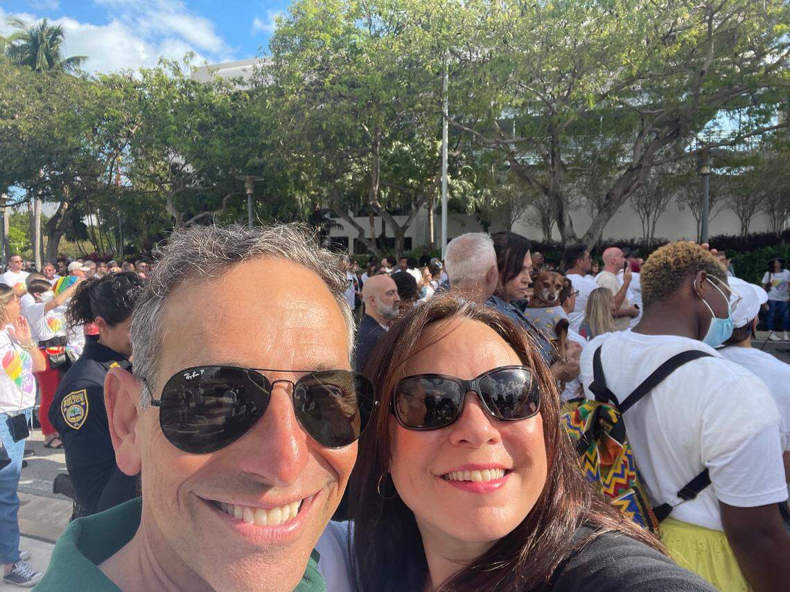 The late Miami Beach Commissioner Mark Samuelian, left, is photographed with his life partner Laura Dominguez, who is running to fill Samuelian’s seat.