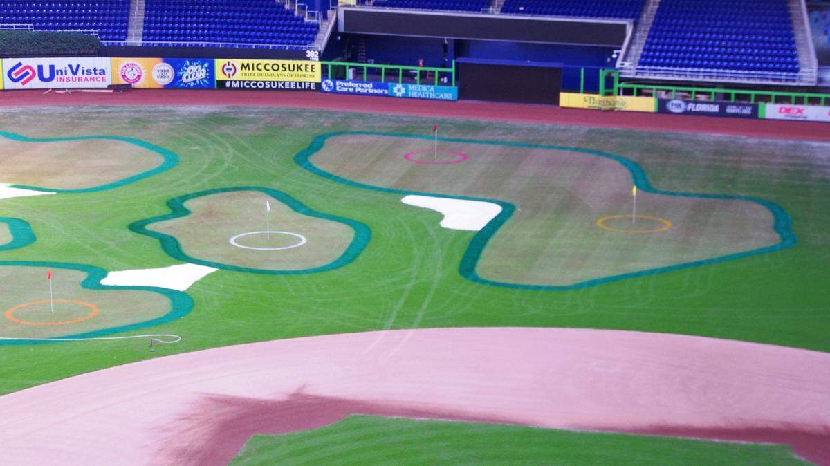 The golf course at Marlins Park takes shape.