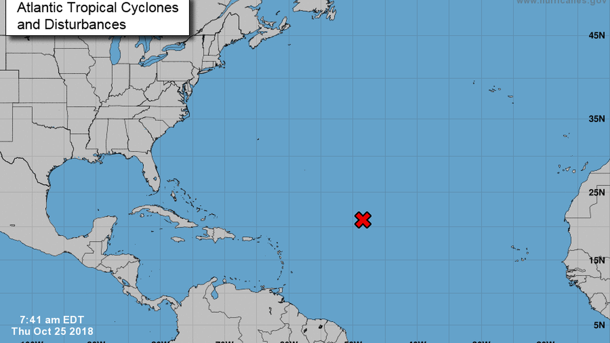 The National Hurricane Center is watching a disturbance about 900 miles east-northeast of the northern Leeward Islands in the Atlantic on Oct. 25, 2018. Forecasters predict an 80 percent chance it develops into Tropical Storm Oscar.