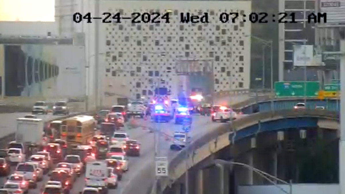 A crash shut down several northbound lanes of Interstate 95 near downtown Miami on Wednesday, April 24, 2024.