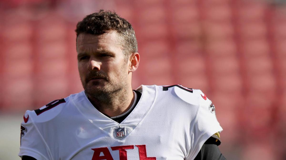 Atlanta Falcons punter Thomas Morstead (19) walks on the field before an NFL football game against the San Francisco 49ers, Sunday, Dec. 19, 2021, in Santa Clara, Calif. (AP Photo/Scot Tucker)