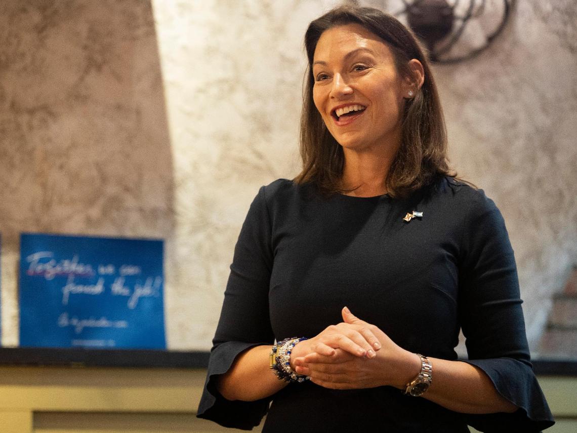 Nikki Fried, chair of the Florida Democratic Party, speaks during a Democratic roundtable session held on Wednesday, Nov. 8, 2023, at Sergio’s in Doral.