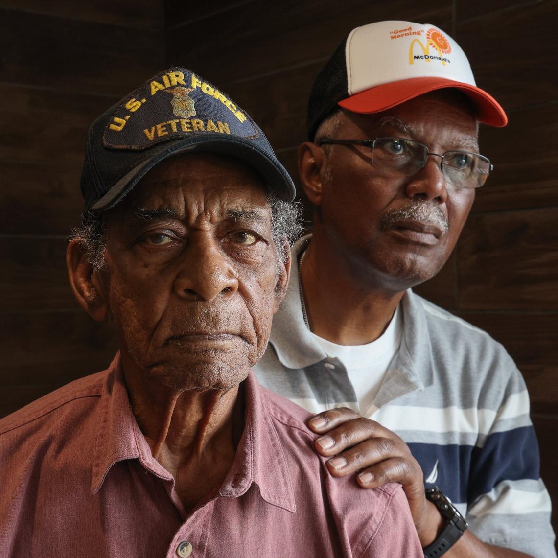 Air Force veteran Leonard Hopkins, 90, and Charlie Powell, 77, right, are photographed as Black military veterans gathered daily to share memories, stories, and fellowship at a local McDonald’s on Thursday, March 28, 2024 in Miami, Florida.