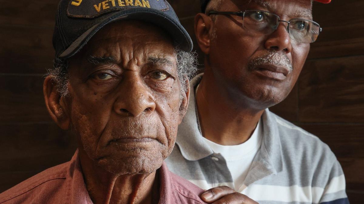 Air Force veteran Leonard Hopkins, left, and Charlie Powell are military veterans wh ogathered daily to share memories, stories, and fellowship at a local McDonald’s on Thursday, March 28, 2024 in Miami, Florida.