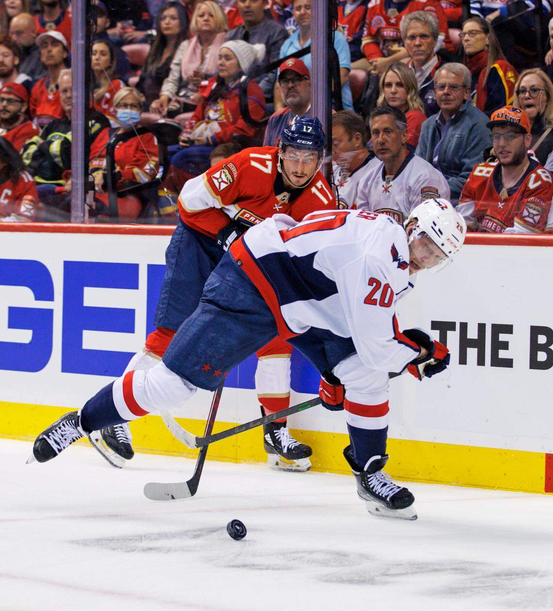 Florida Panthers left wing Mason Marchment (17) battle for the puck against Washington Capitals center Lars Eller (20) during the first period of Game 1 of a first round NHL Stanley Cup series at FLA Live Arena on Tuesday, May 3, 2022 in Sunrise, Fl.