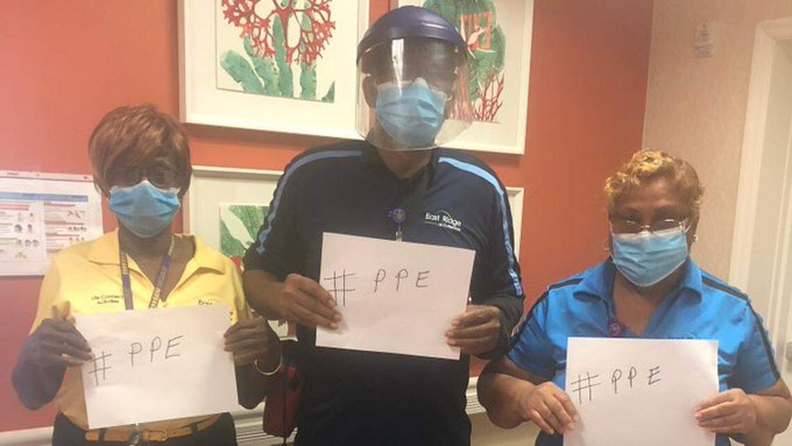 Healthcare workers take to social media to protest the lack of personal protective equipment provided to them at East Ridge Cutler Bay in this photo posted on Twitter on April 9, 2020.