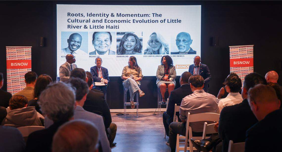 Panelists consisting of community stakeholders and development strategists discuss how history, community, and creativity set the stage for development in the area moderated by G. Eric Knowles, president and CEO of Miami-Dade Chamber of Commerce. The Bisnow conference on the future of Little Haiti and Little River brought together developers, community leaders, business owners, and policymakers to discuss redevelopment, investment, and preservation in these rapidly changing neighborhoods. Panelists addressed topics including affordable housing, cultural preservation, economic opportunity, and the impact of new projects on longtime residents on Thursday, April 23, 2026, in Miami, Florida. 