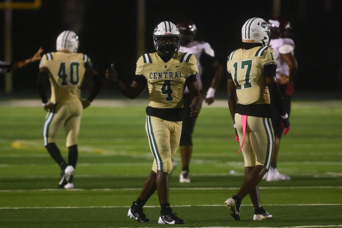 Central Rockets inside linebacker Ezekiel Marcelin (4) reacts from the field against the Norland Vikings during the third quarter of a high school football game at Traz Powell stadium in Miami, Florida, Friday, October 18, 2024.