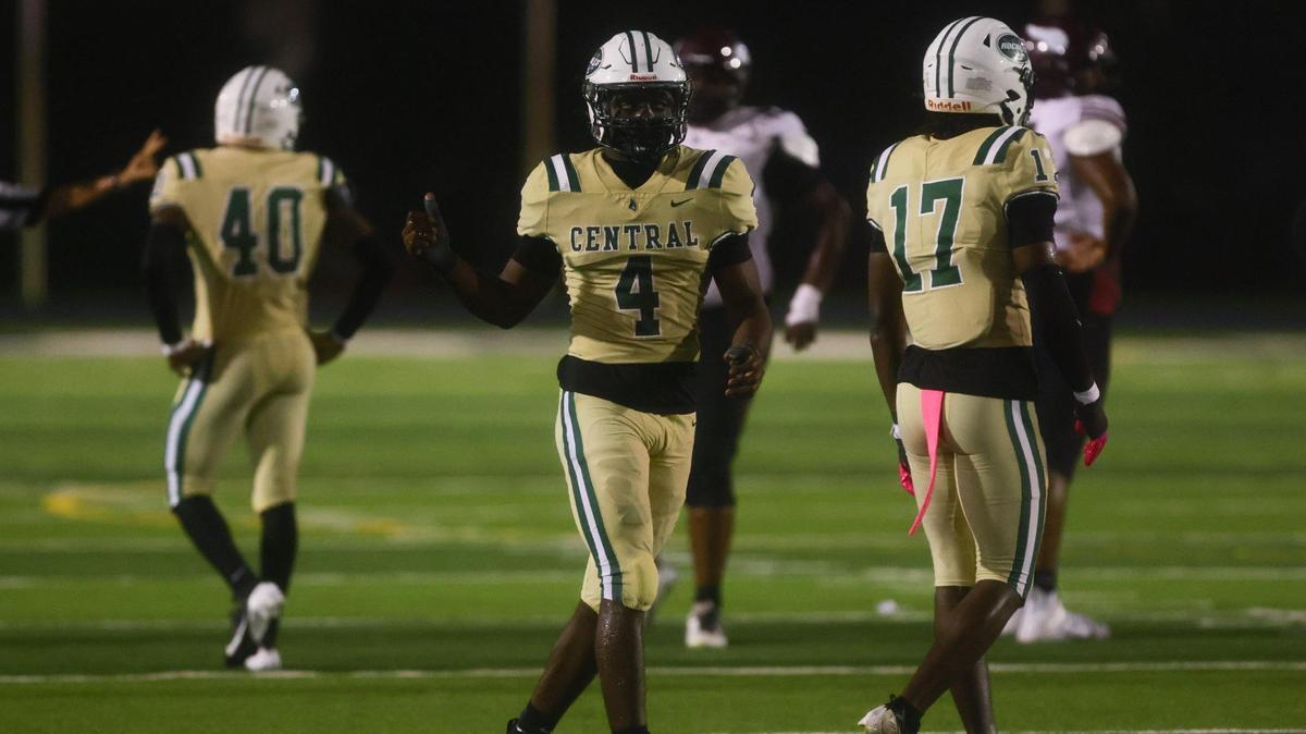 Central Rockets inside linebacker Ezekiel Marcelin (4) reacts from the field against the Norland Vikings during the third quarter of a high school football game at Traz Powell stadium in Miami, Florida, Friday, October 18, 2024.