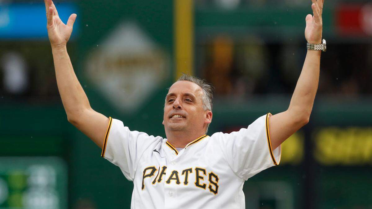 July 15, 2023; Pittsburgh; Actor and comedian Joe Gatto of the television show ‘Impractical Jokers’ reacts to the crowd after a ceremonial first pitch before the Pittsburgh Pirates play the San Francisco Giants at PNC Park.