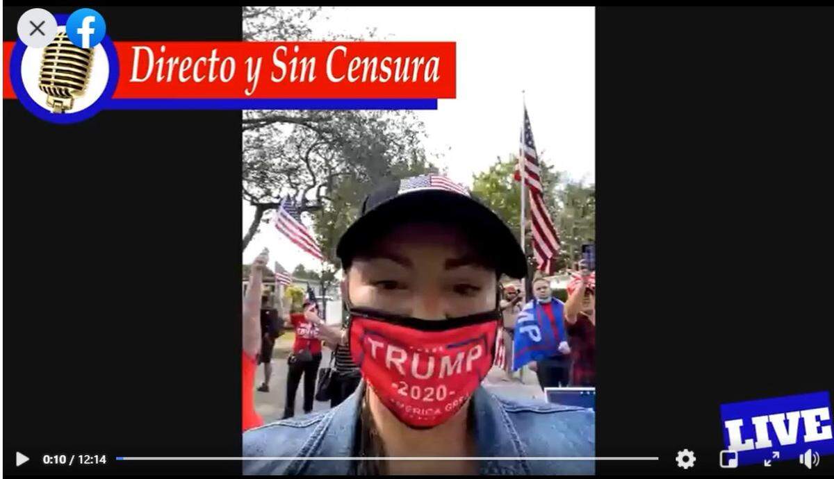 Maria Martinez, creator of the pro-Trump, Spanish-language Facebook page “Directo y Sin Censura” broadcasts live from the protest in front of Sen. Marco Rubio’s residence in West Miami on Saturday, January 2nd 2020.