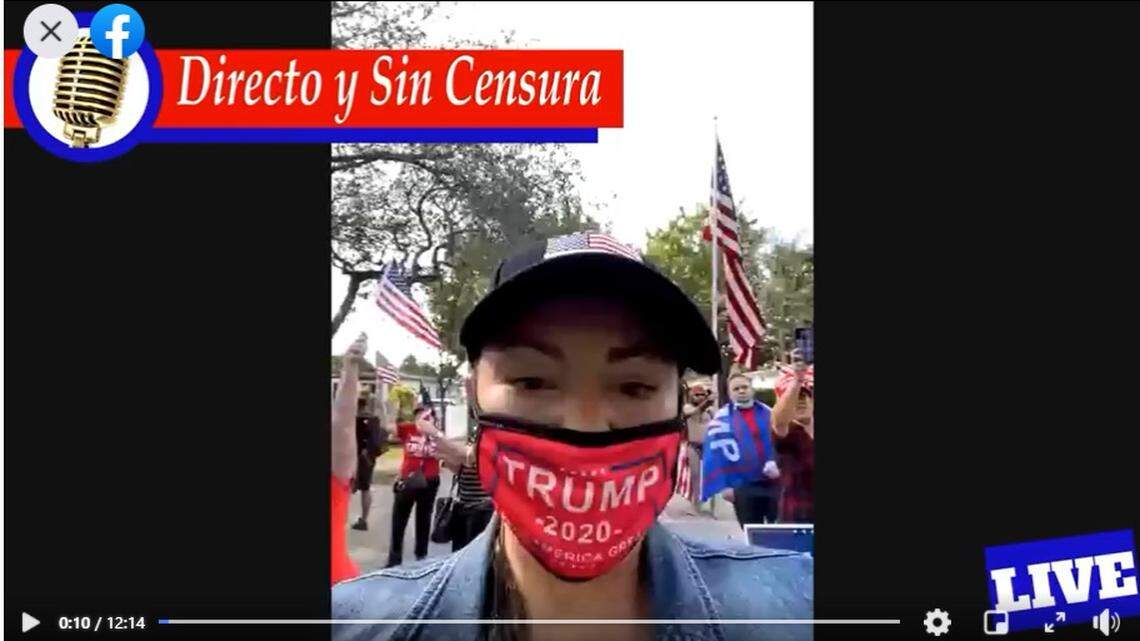 Maria Martinez, creator of the pro-Trump, Spanish-language Facebook page “Directo y Sin Censura” broadcasts live from the protest in front of Sen. Marco Rubio’s residence in West Miami on Saturday, January 2nd 2020.