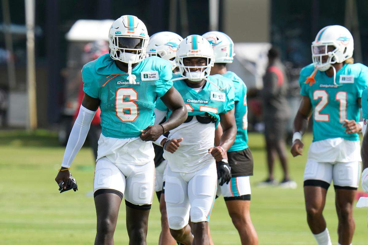 Miami Dolphins cornerback Trill Williams during an NFL football training camp practice Wednesday, Aug. 10, 2022, in Tampa, Fla. (AP Photo/Chris O’Meara)