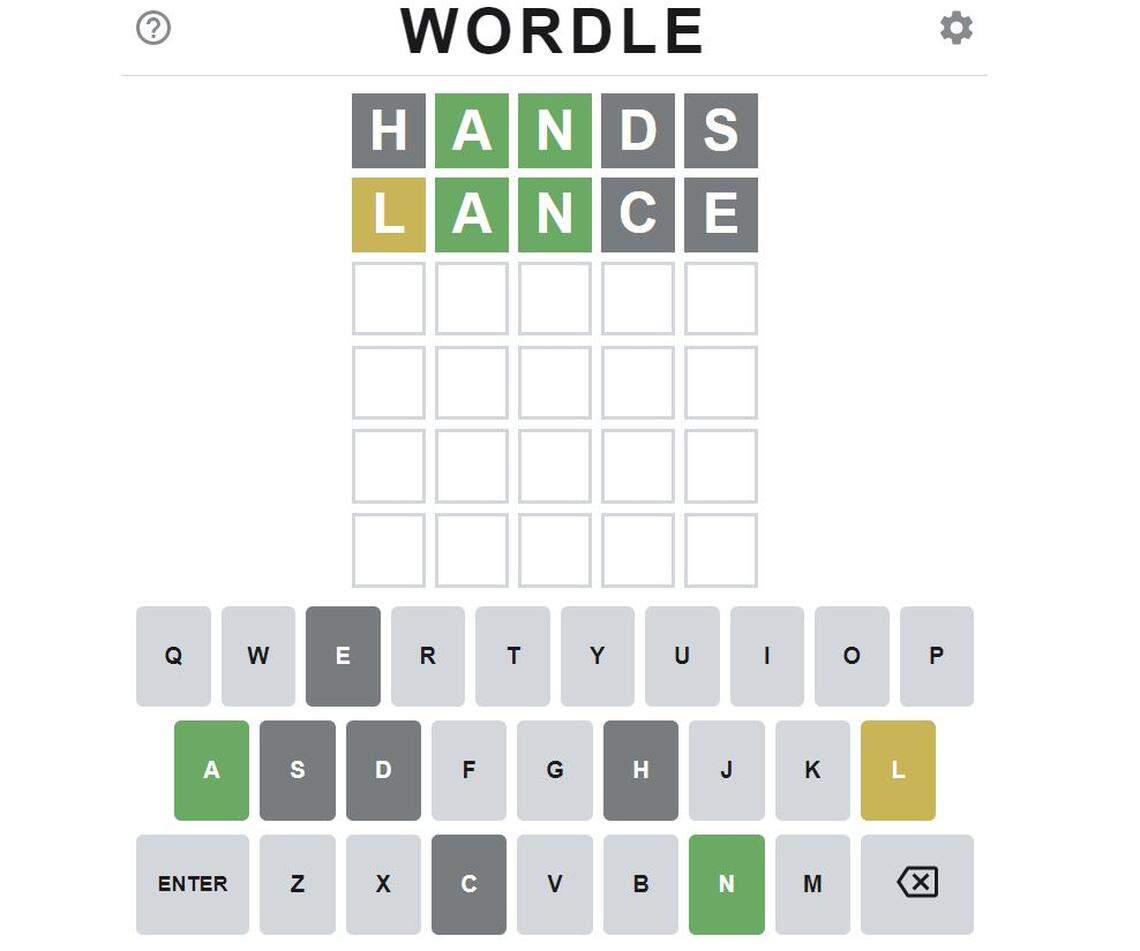 A Jan. 6 Wordle game mid-play. Tiles turn green when the letters are in the daily word and in the right spot. The tiles turn yellow when the letter is in the word, but not in the correct order.