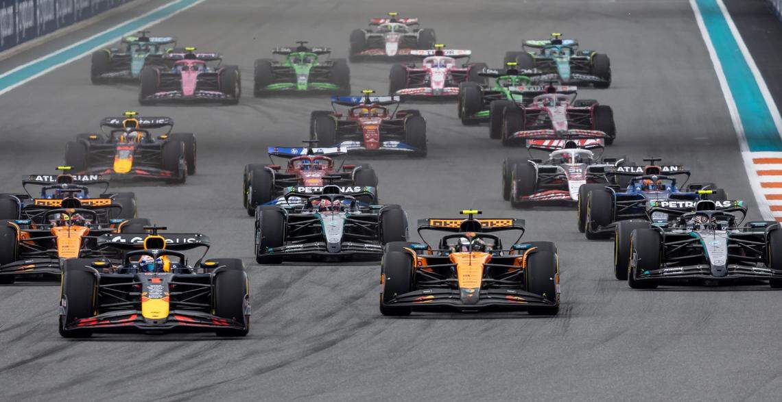 Drivers take off during the Formula One Miami Grand Prix at the Miami International Autodrome on Sunday, May 4, 2025, in Miami Gardens, Fla.