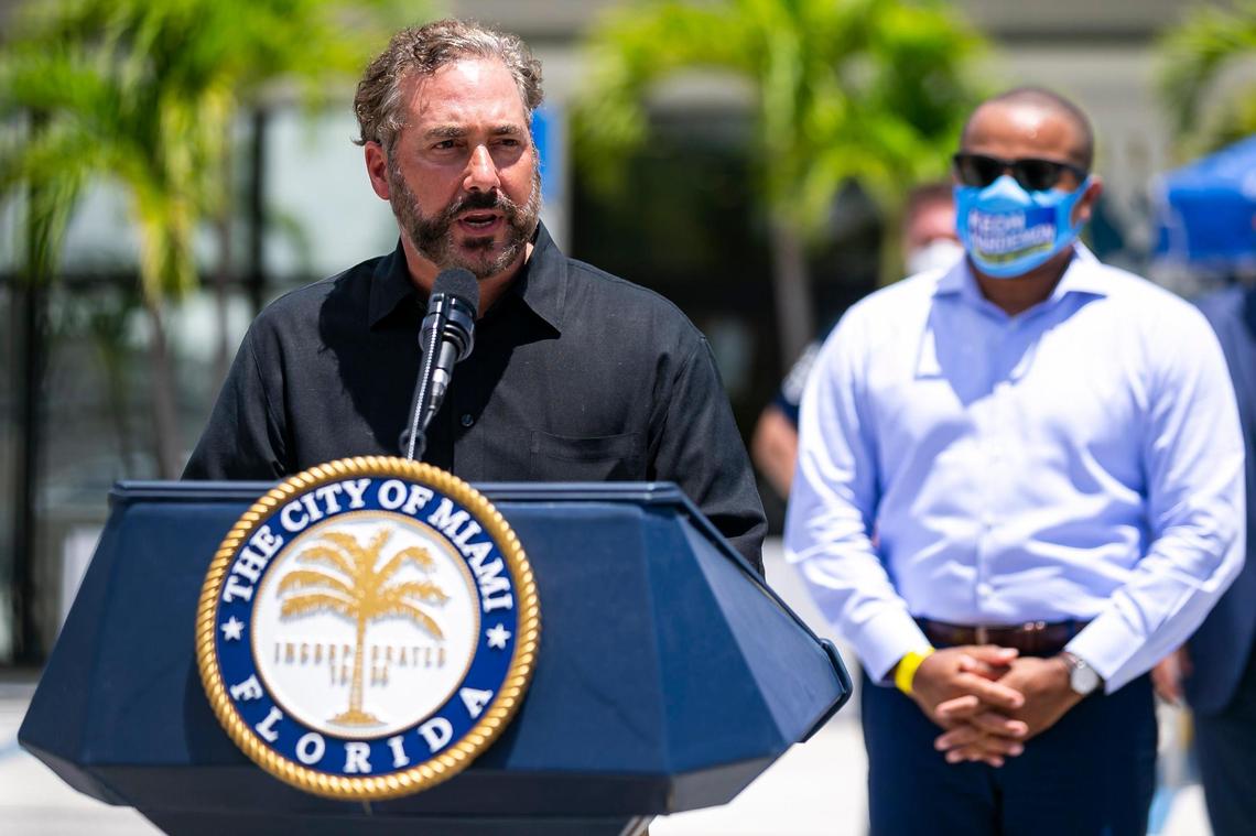 Village of Pinecrest Mayor Joseph Corradino speaks during a press conference outside Miami City Hall on June 22, 2020. The village has pushed back against a county proposal to impose increased density near transit stations.