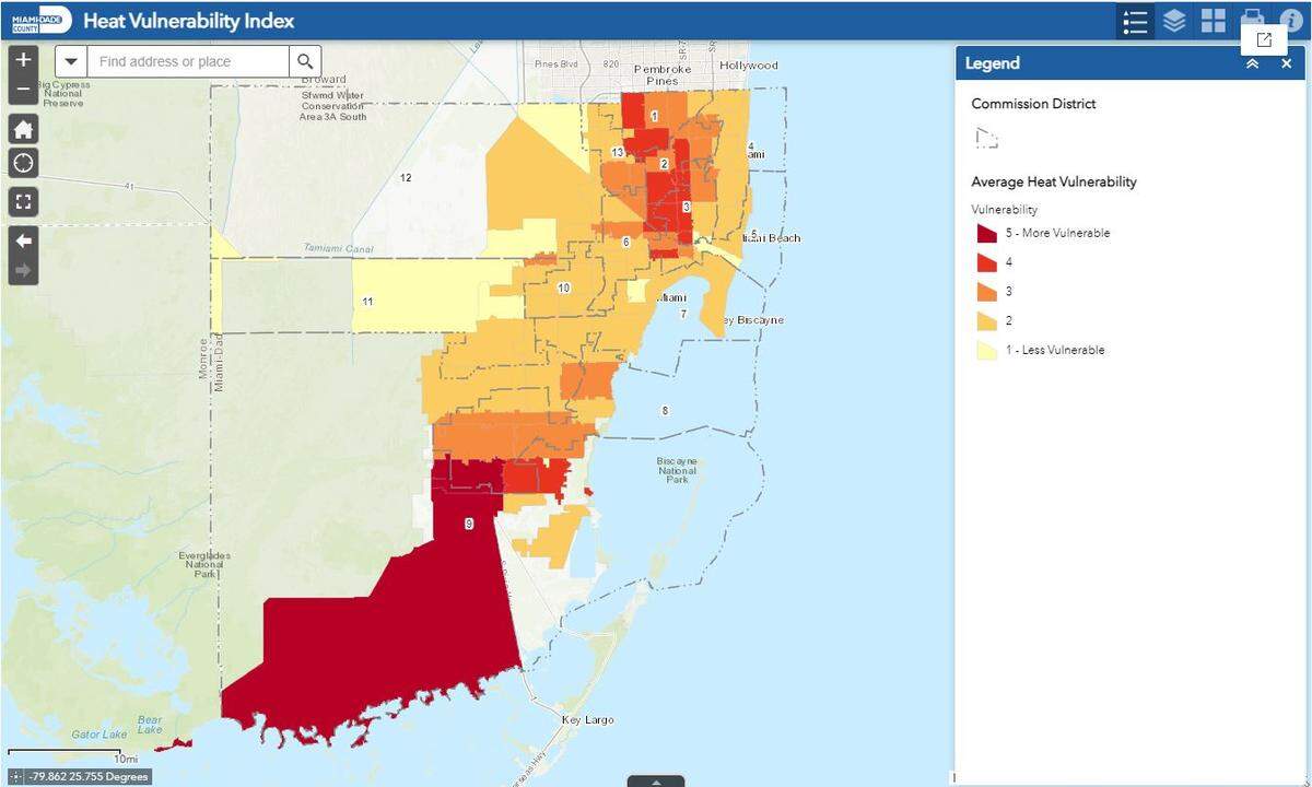 El Condado Miami-Dade realizó un análisis sobre los códigos postales con mayor vulnerabilidad al calor, que tiene en cuenta aspectos como el número de trabajadores al aire libre, el número de personas con niños y los niveles de pobreza de la zona.