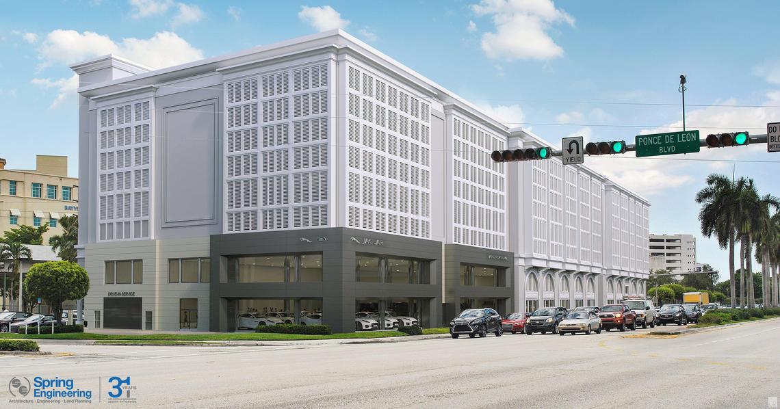 An architectural rendering shows The Collection’s planned new, 534,000-square-foot Jaguar and Land Rover dealership at U.S. 1 and Ponce de Leon Boulevard in Coral Gables. The eight-story, neo-Mediterranean building would extend a dense new urban template for the corridor in the Gables.