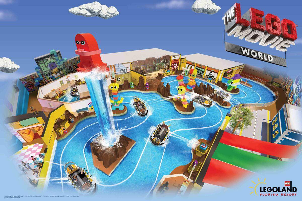 On the Battle of Bricksburg boat ride, one of three rides opening March 27 in Lego Movie World at Legoland, guests fire water cannons to fend off invading Duplo Aliens.