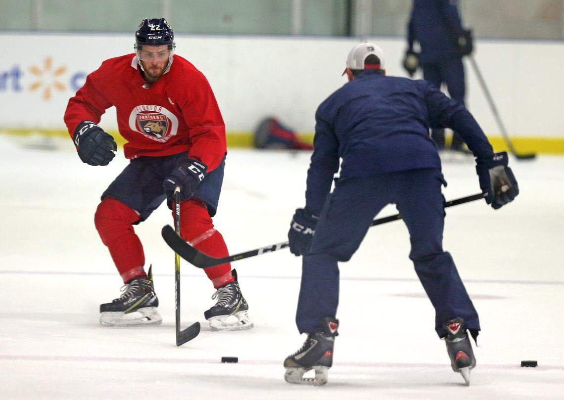 Florida Panthers Chase Priskie (22) at their practice facility at the Ice Den in Sunrise, Florida, July 17, 2020. 