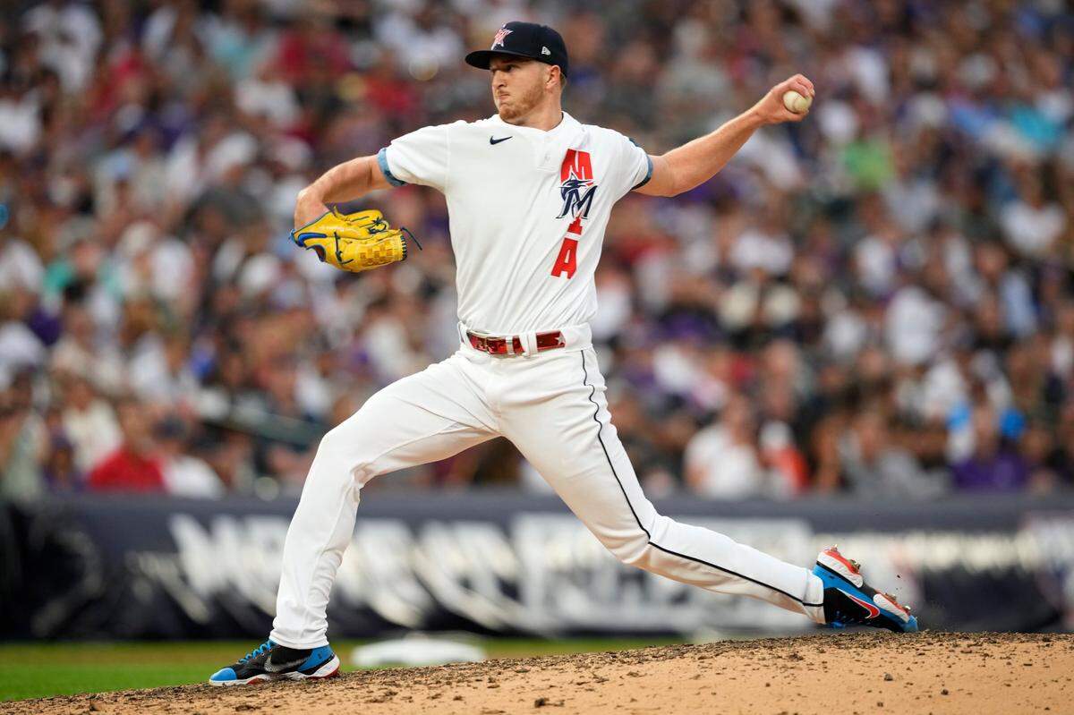 National League’s Trevor Rogers, of the Miami Marlins, throws during the fifth inning of the MLB All-Star baseball game, Tuesday, July 13, 2021, in Denver.